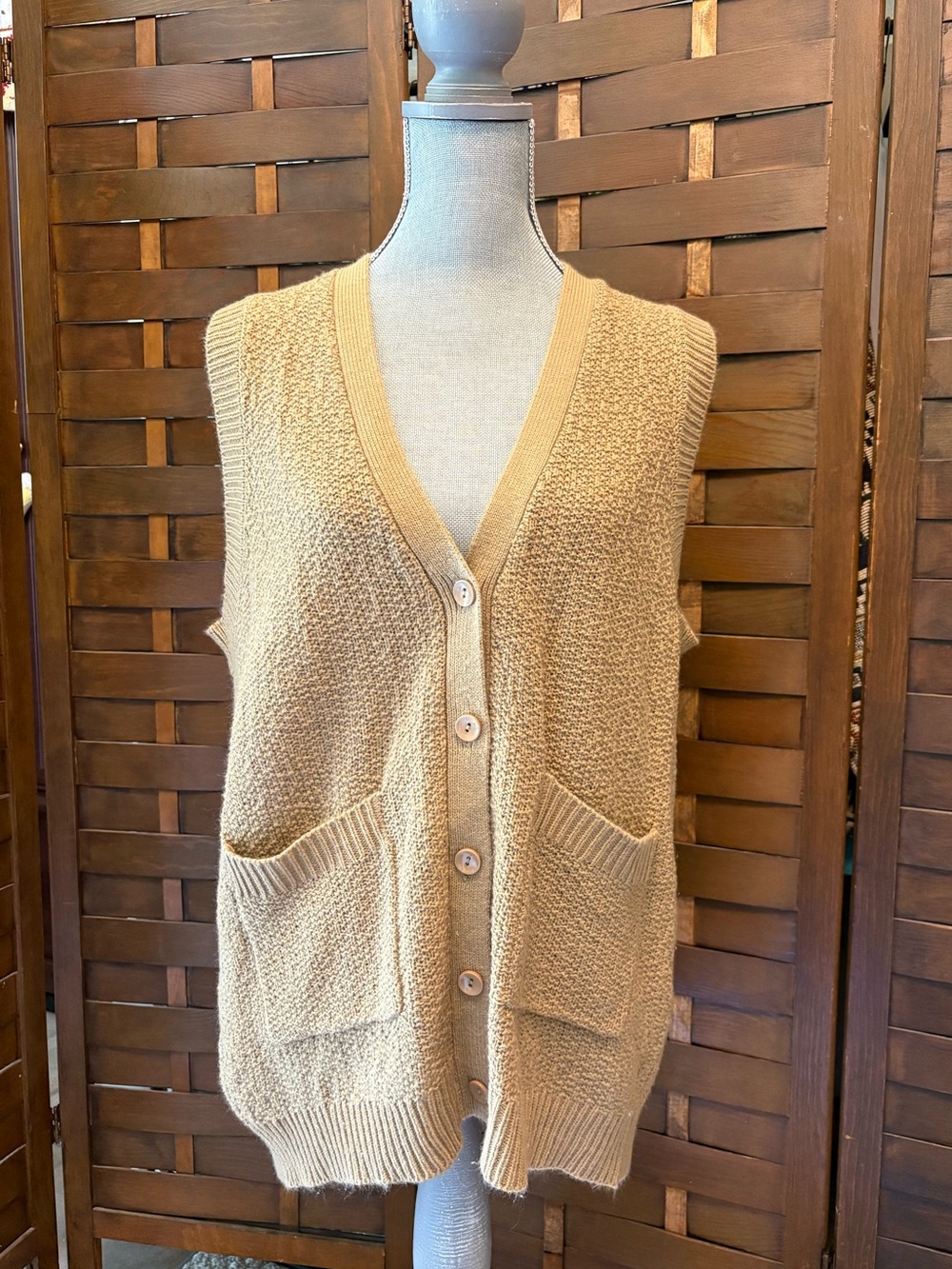 Vintage cotton knit sweater vest in tan brown cozy cottagecore